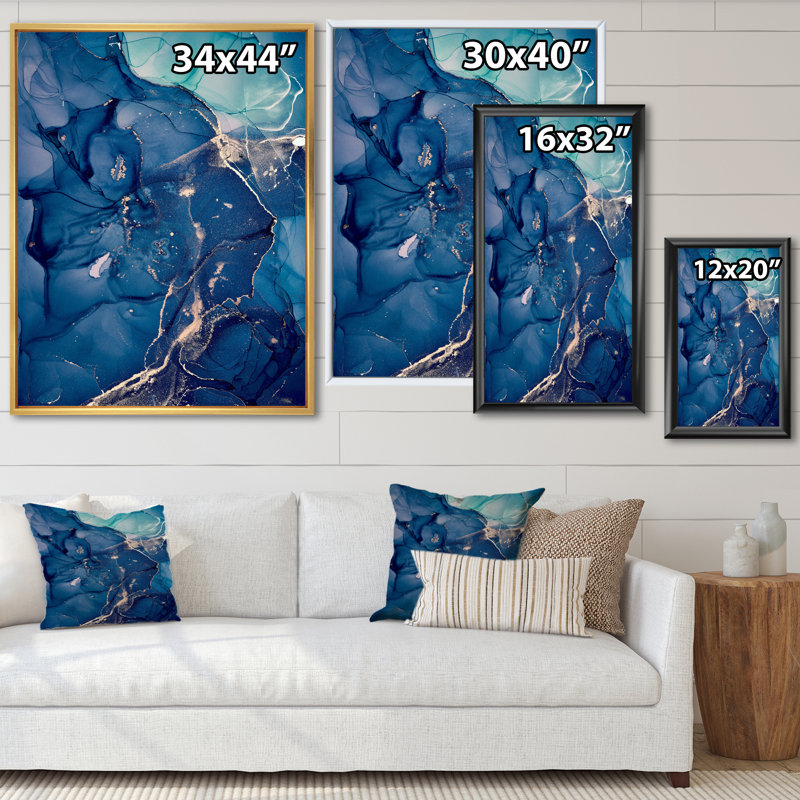 Blue Ink Clouds II - peinture sur toile, Cadre flottant en érable, H 20 po x l 12 po x P 1 po