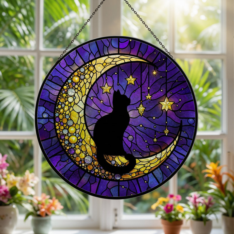 Panneau de vitrail 12 "H Moon Cat, H 12 po x l 12 po