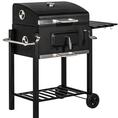 Charcoal Bbq Grill, Portable Outdoor Camping & Picnic Cooker. 21.75"x16.5" Surface, Side Table, Storage Shelf, Wheels, Handle, Black. Easy Cleaning And Maintenance Cooker For Backyard Events. Cooking