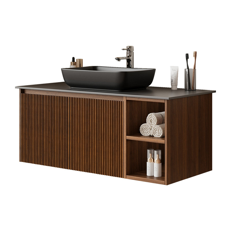 Meuble-lavabo flottant moderne de 35,8 po avec plateau en pierre frittée, vasque en céramique noire, meuble de salle de bain mural