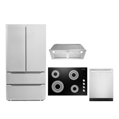 Cosmo 4 Piece Kitchen Appliance Package with French Door Refrigerator , 30'' Electric Cooktop , Built-In Dishwasher , Insert Range Hood , and Air Frye -  COS-4PKG-751