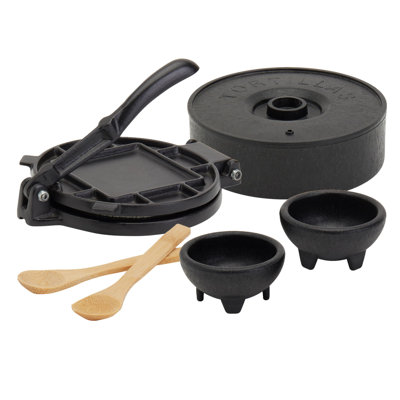 INFUSE 6PC Tortilla Set with Pre-Seasoned Cast Iron Tortilla Press, Tortilla Warmer, Bowls & Spoons