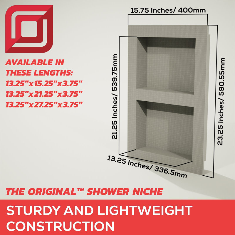 The Original Shower Niche Width 13.25x length 15.25 inside, 15.25" H x 13.25" W x 3.5" D