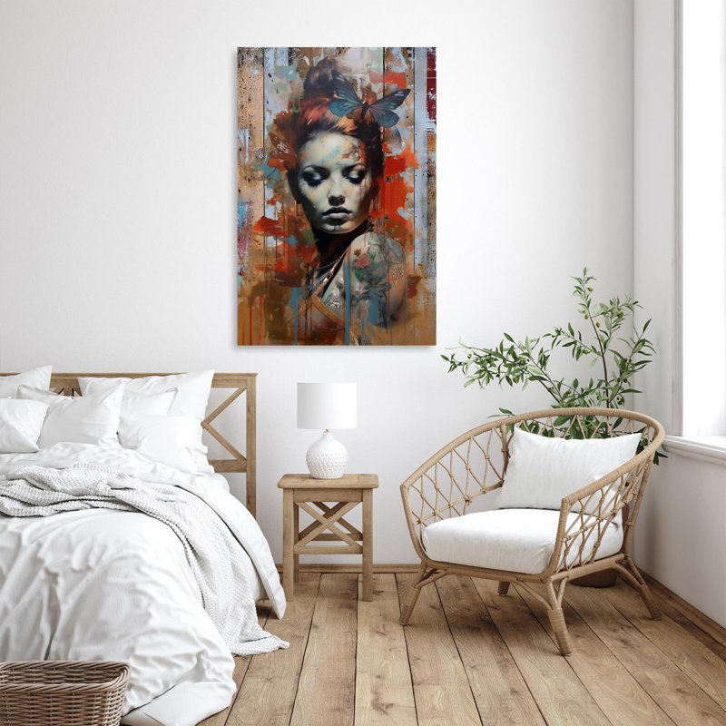 Femme et papillon sur toile, impression, H 36 po x l 24 po x P 1,25 po