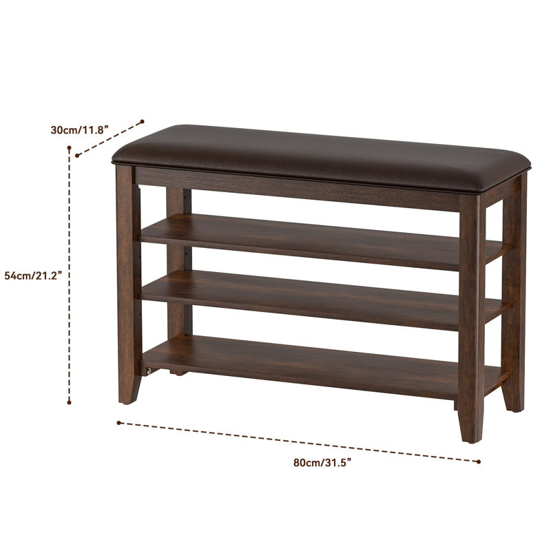 Shoe Storage Bench With Leather Cushion, Shoe Organizer Bench For Entryway, Walnut