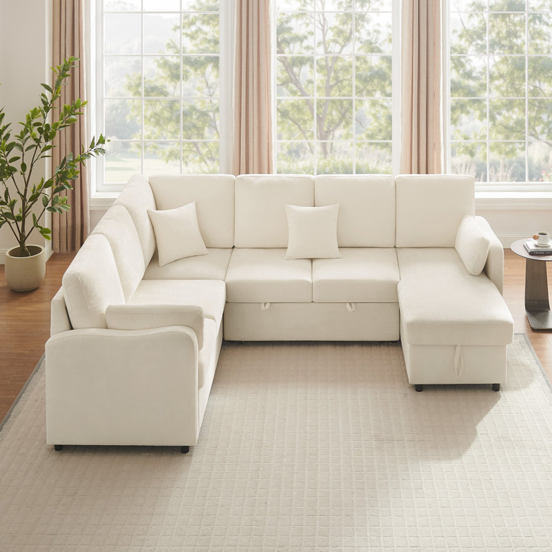 Modern Sofa With Storage Chaise And Pull-Out Sleeper, Beige