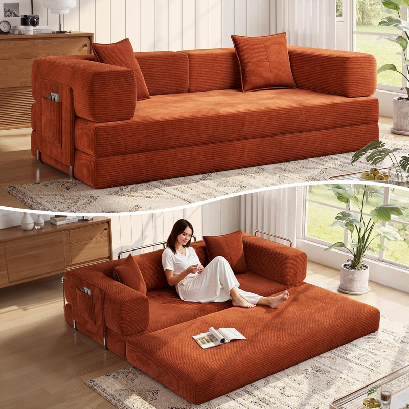 78.8''Sleeper Couch Bed for Livingroom,Convertible Modular Sofa with Armrest Pillow,Modular Foldable Corduroy Couches in a Box,No Assembly