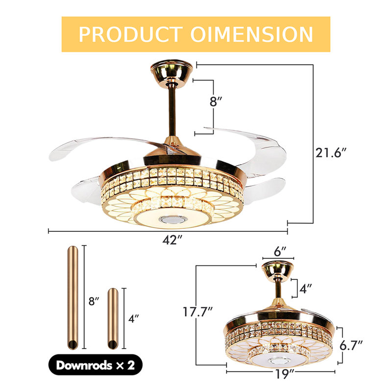 Ventilateur de plafond 42 po à 4 pales en cristal DEL avec télécommande et ensemble d'éclairage Dakeem 42 po