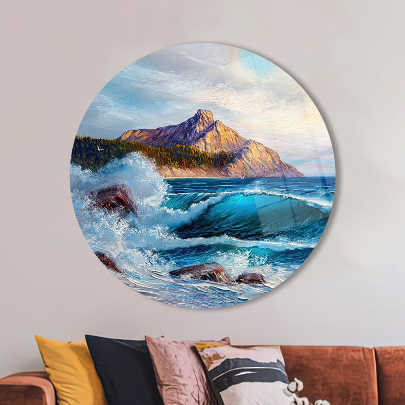 Grand art mural en verre trempé présentant un paysage de mer et de montagne en 3D parfait pour la décoration murale d'une pièce