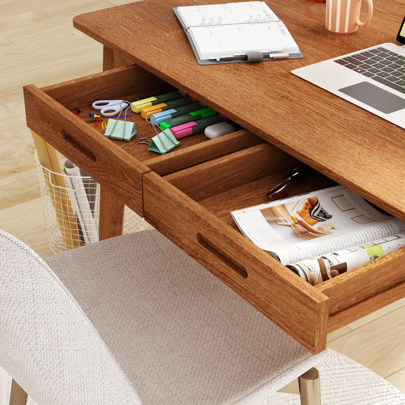 Bureau d'écriture 2 tiroirs avec pieds en bois massif Caidence, Brun / brun, H 29,53 po x l 47,2 po x P 21,7 po