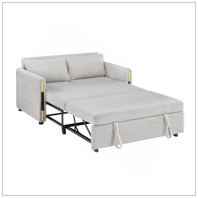 55.5"W Beige Teddy Velvet Sleeper Loveseat With Dual-Pull Sleeper Design