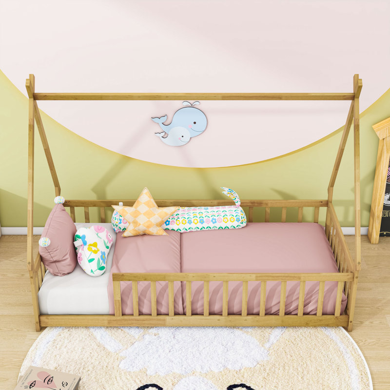 Twin Tent-Shaped Floor Bed With Guardrails, Natural
