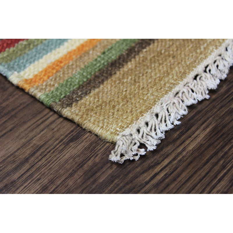 Motif géométrique en laine noué à la main orange, rouge et vert Patridge Tapis décoratif, Rectangle 8 pi 6 po x 11 pi 6 po