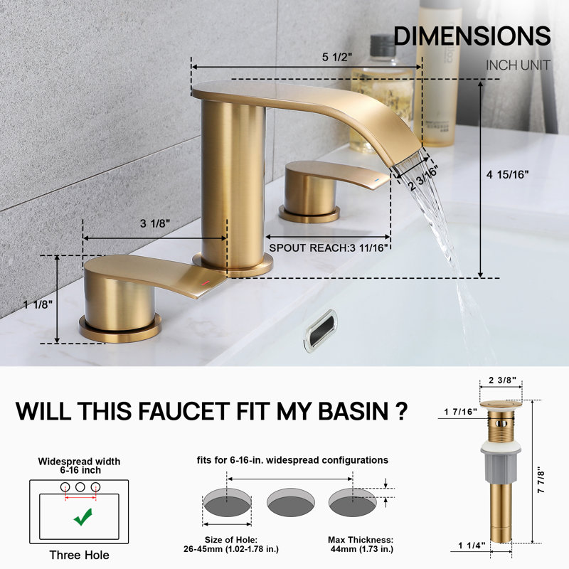 8 in. Widespread Double Handle Waterfall Bathroom Sink Faucet with Pop Up Drain, Champagne Brown