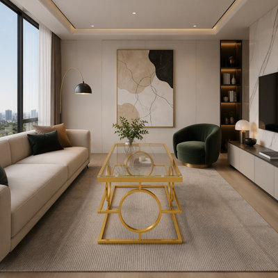 Luxury Glass Coffee Table with Gold Metal Frame, Rectangular Cocktail Table with Geometric Circle Base, Glam Center Table for Living Room
