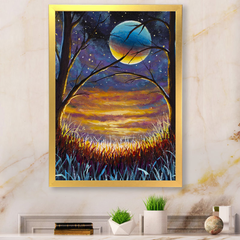 Nuit fantaisie lune - peinture, H 32 po x l 16 po x P 1 po, Toile avec cadre photo doré