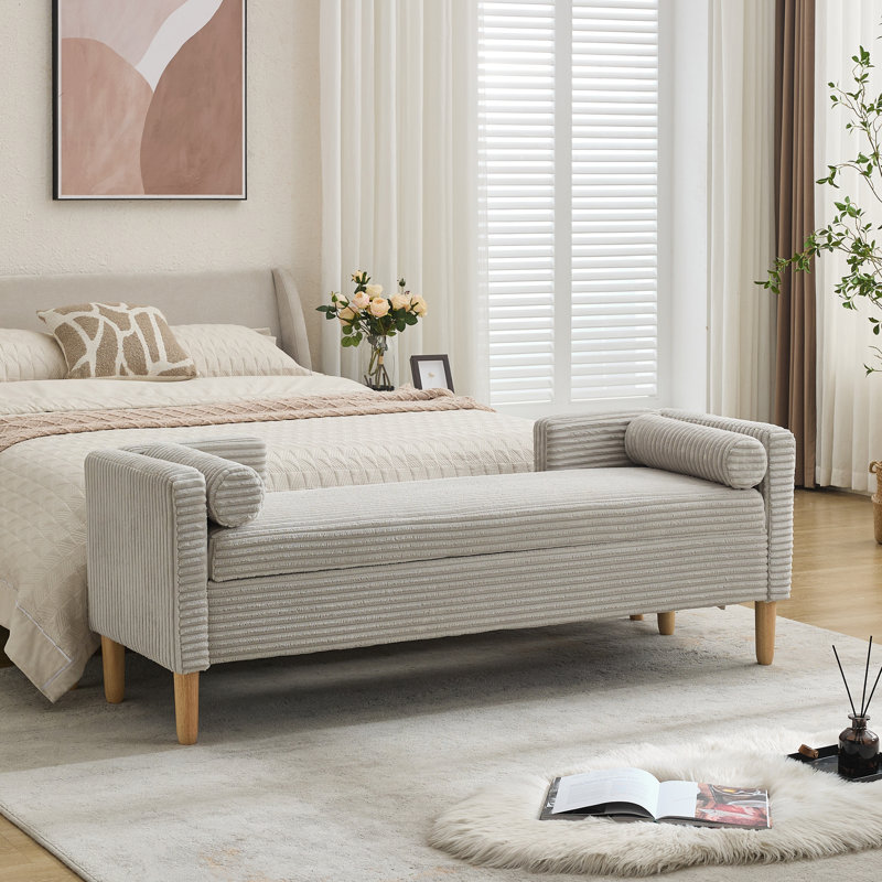 Upholstered Flip Top Storage Bench With Bolster Pillows, Light Gray