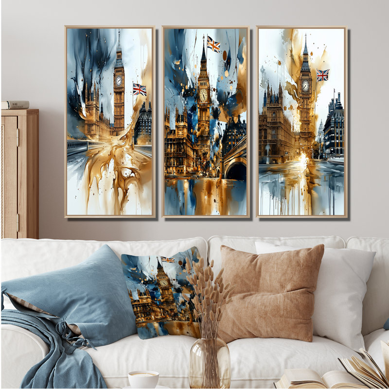 London Big Ben Glow On Gold I - City London Wall Ar Wall Art Collection, H 32 po x l 48 po, Impression encadrée flottante