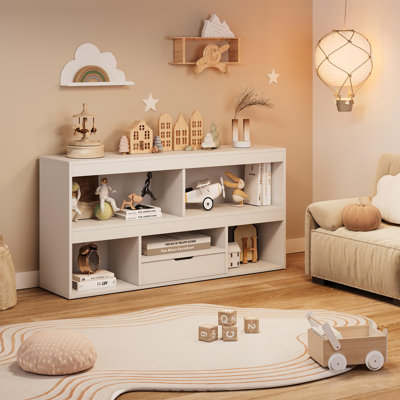 Kids Toy Storage Cabinet with 5 Cubes & Drawer, Wooden Bookshelf Organizer for Playroom, Nursery & Classroom