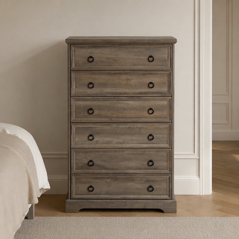 Grande commode de chambre moderne à six tiroirs avec sécurité anti-surmatelas, assemblage sans effort, rangement spacieux et touche médiévale distinctive