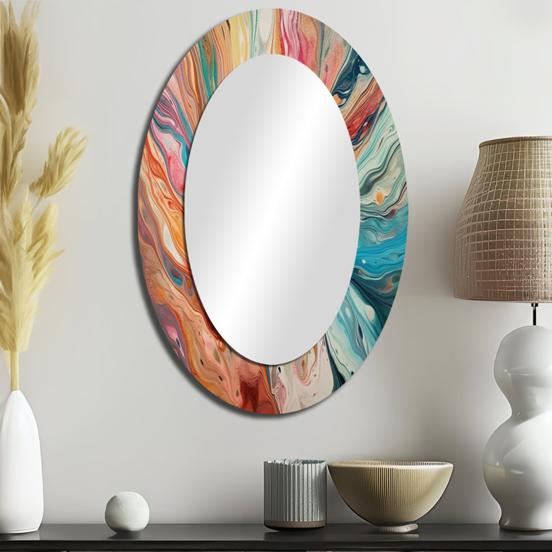 Teal Pink Marbled Whimsy III - Teal Modern Oval Wall Mirror, 36" x 24"