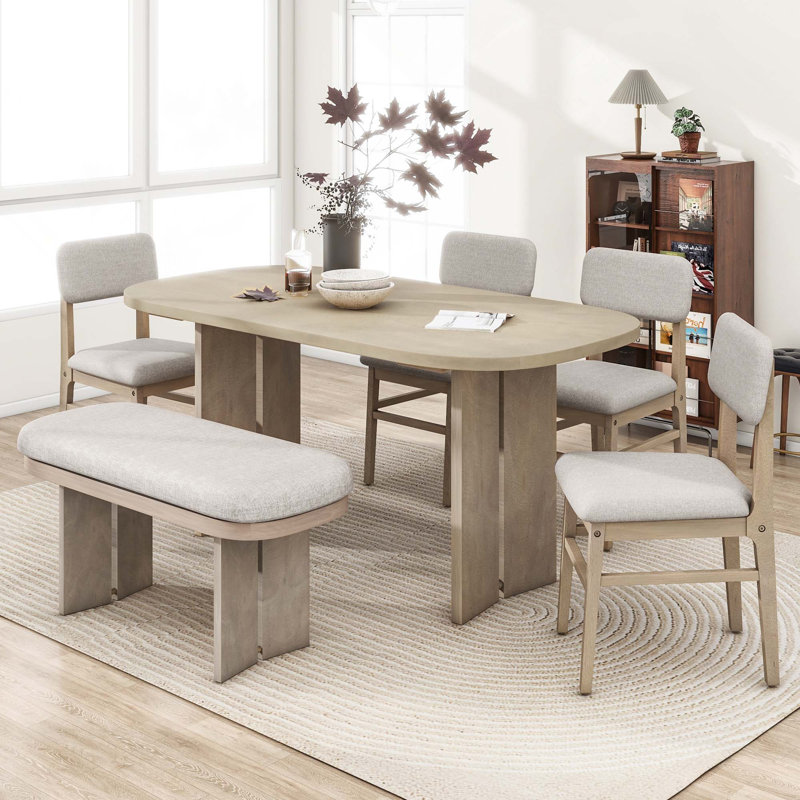 Ensemble de salle à manger en bois massif 6 pièces, table de salle à manger ovale moderne avec banc et 4 chaises rembourrées