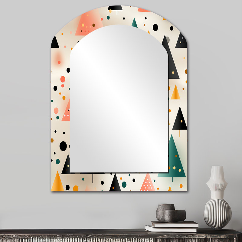 Arbres de minimalisme noirs et jaunes - miroir arqué géométrique, miroir mural noir asymétrique unique, impression d'art en métal