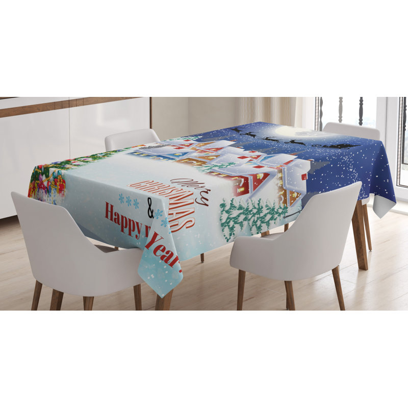 Moon Santa Claus Reindeer Hovering in Winter Sky of a Small Village Illustration Tablecloth, 90" x 60"