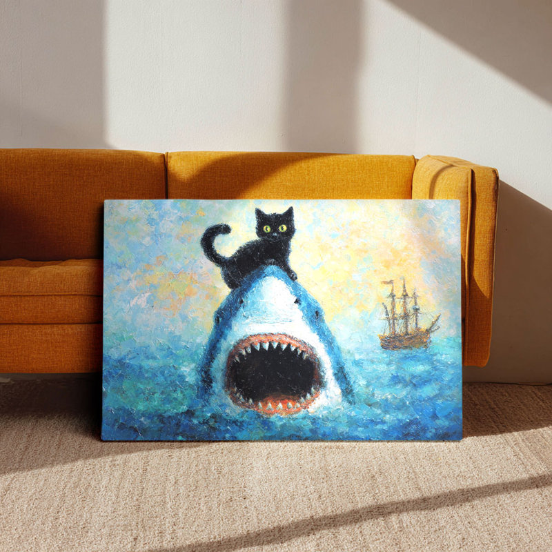 Whimsical Black Cat on Shark Canvas Wall Art (Nautical Humor) Stretched Frame for Eclectic Studio, 40*30 inch(100*75*2cm)