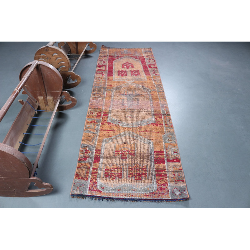 Tapis de couloir turc vintage orange avec motif Herki unique pour tapis d'entrée et d'escalier