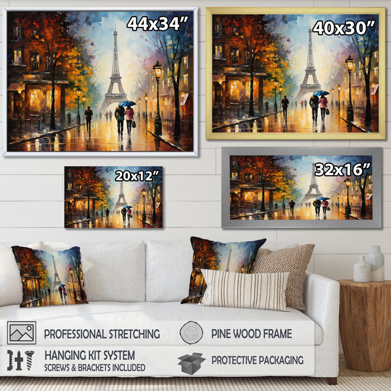 Couple romantique à Paris I - City Paris, art mural, Cadre doré à coins fermés, H 30 po x l 40 po x P 1,5 po