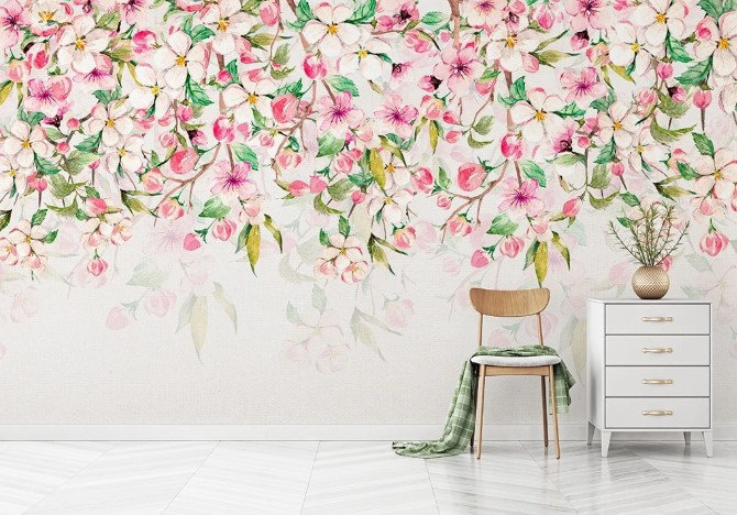 Papier peint floral aquarelle fleurs de cerisier rose vert, L 106 po x l 187 po