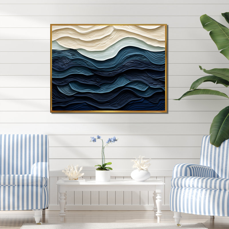 «Blue and White Coastal Waves», impression murale abstraite sur toile côtière, H 30 po x l 40 po, Doré