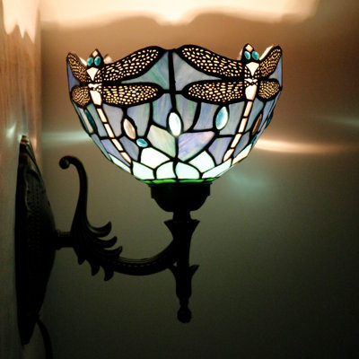 Tiffany Wall Sconce Lamp Plug in or Hardwire Wall Light with 8 inch Blue Dragonfly Stained Glass Lampshade 8X10.5X11 Inch, Base Finished Antique Bronze, 6ft Cord with On/Off Switch