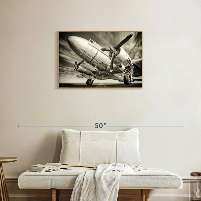 Avion rétro monochrome, Cadre flottant en bois naturel, 31 po x 21 po