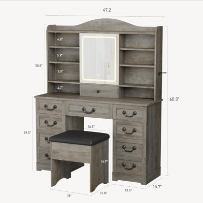 Coiffeuse de 120 cm avec miroir lumineux DEL, grands tiroirs et étagères de rangement, prise électrique/station de chargement USB intégrée, table de toilette pour chambre à coucher - Gris classique (livraison en 2 paquets)