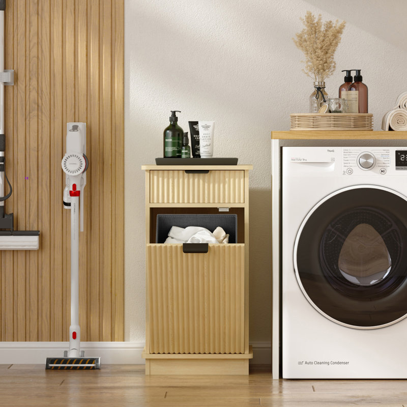 Tilt-Out Laundry Hamper Cabinet With Drawer,Laundry Storage Basket For Bathroom, Natural Wood