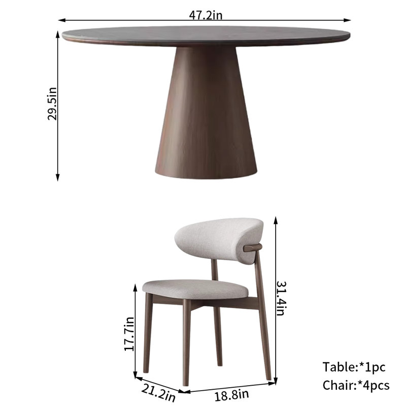 Modern Nordic Wood Rock-Plate Dining Table Chair Pedestal Dining Set, 5, 29.5" H x 47.2" L x 47.2" W