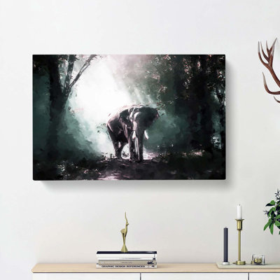 Elephant Roaming In A Green Forest In Abstract - Wrapped Canvas Painting