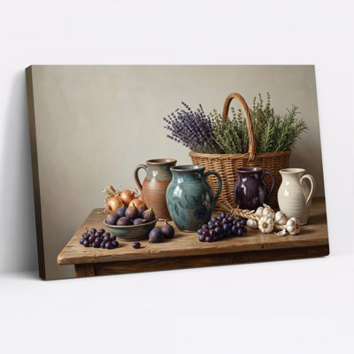 Tableau sur toile représentant des fruits et légumes frais et des pichets en céramique sur une table en bois