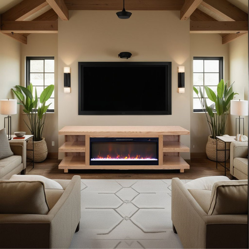 Meuble télé 82 po pour téléviseur de 90 po ou moins, assemblage minimal, H 25 po x L 82 po x l 17 po, Naturel, Oui