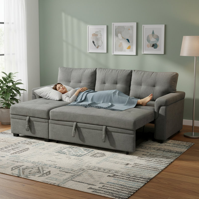 Gadalia Modern L-Shaped Sectional Sleeper Sofa with Storage Chaise, Pull-Out Bed Design – Reversible Velvet Couch for Small Spaces