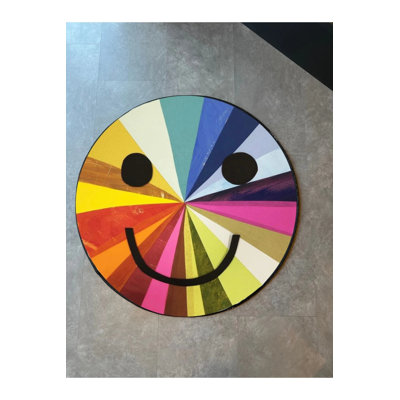 Smiley Face Themed Colorful Round Woven Floor Rug