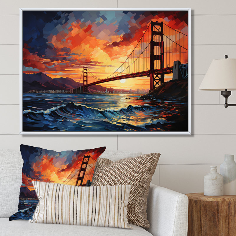 «Orange Bridge Golden Gateway I», impression d'art mural, H 30 po x l 40 po x P 1,5 po, Cadre flottant blanc