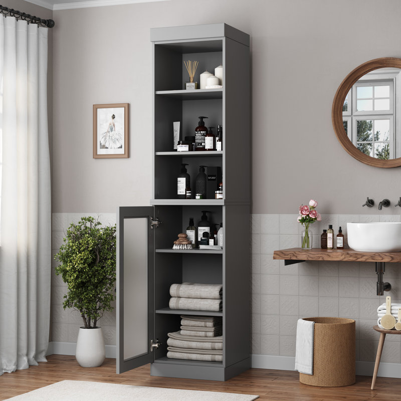 100% Solid Wood 16.5" Bathroom Storage Cabinet with Frosted Glass Doors and Adjustable Shelves, Gray