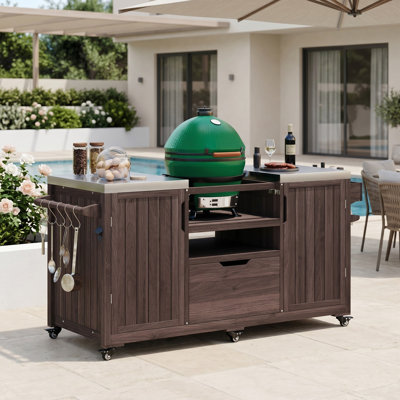 66.52” Outdoor Kitchen Island, Solid Wood, 201 Stainless Steel Top, Modern Farmhouse, Patio