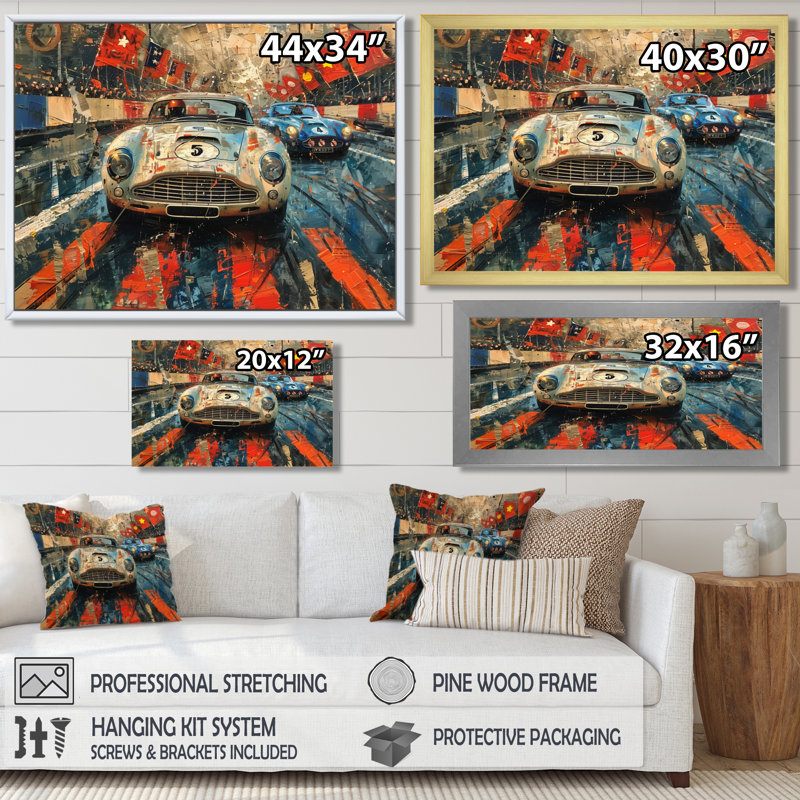 Décoration murale rétro d'une vieille voiture - Pistes de course, Toile encadrée noire simple, H 12 po x l 20 po x P 1 po