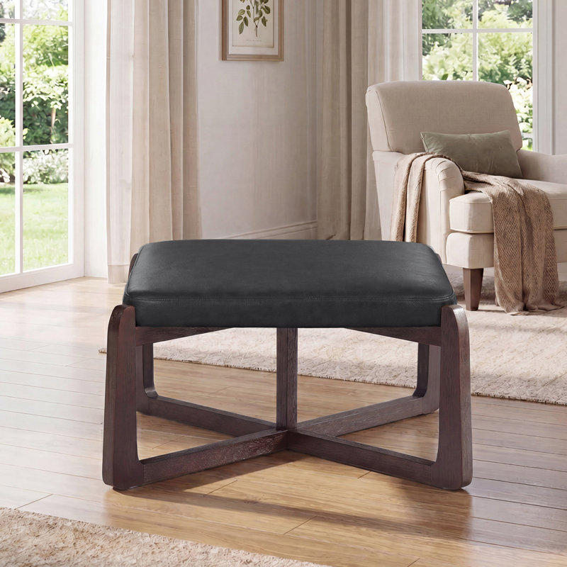 24" Wide Faux Leather Upholstered Square Ottoman, Black