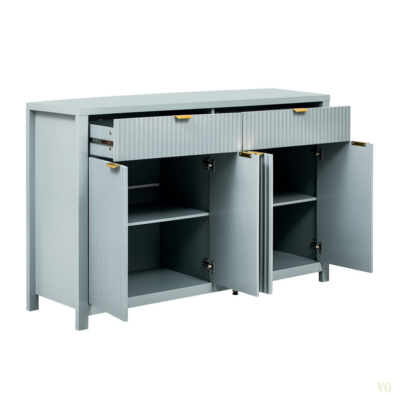 Modern 55.1'' Sideboard Buffet Cabinet With 2 Drawers & 4 Doors, Adjustable Shelves, Wave-Pattern Design, Aluminum Handles, Painted MDF, Scandinavian Storage For Dining Room, Living Room