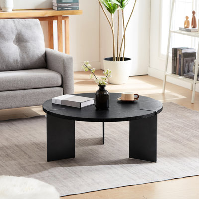 Table basse ronde noire, en bois de noyer, matériau, 34,77 po Profondeur, table simple et tendance avec plateau en chêne et pieds en métal, hauteur 14,52 po